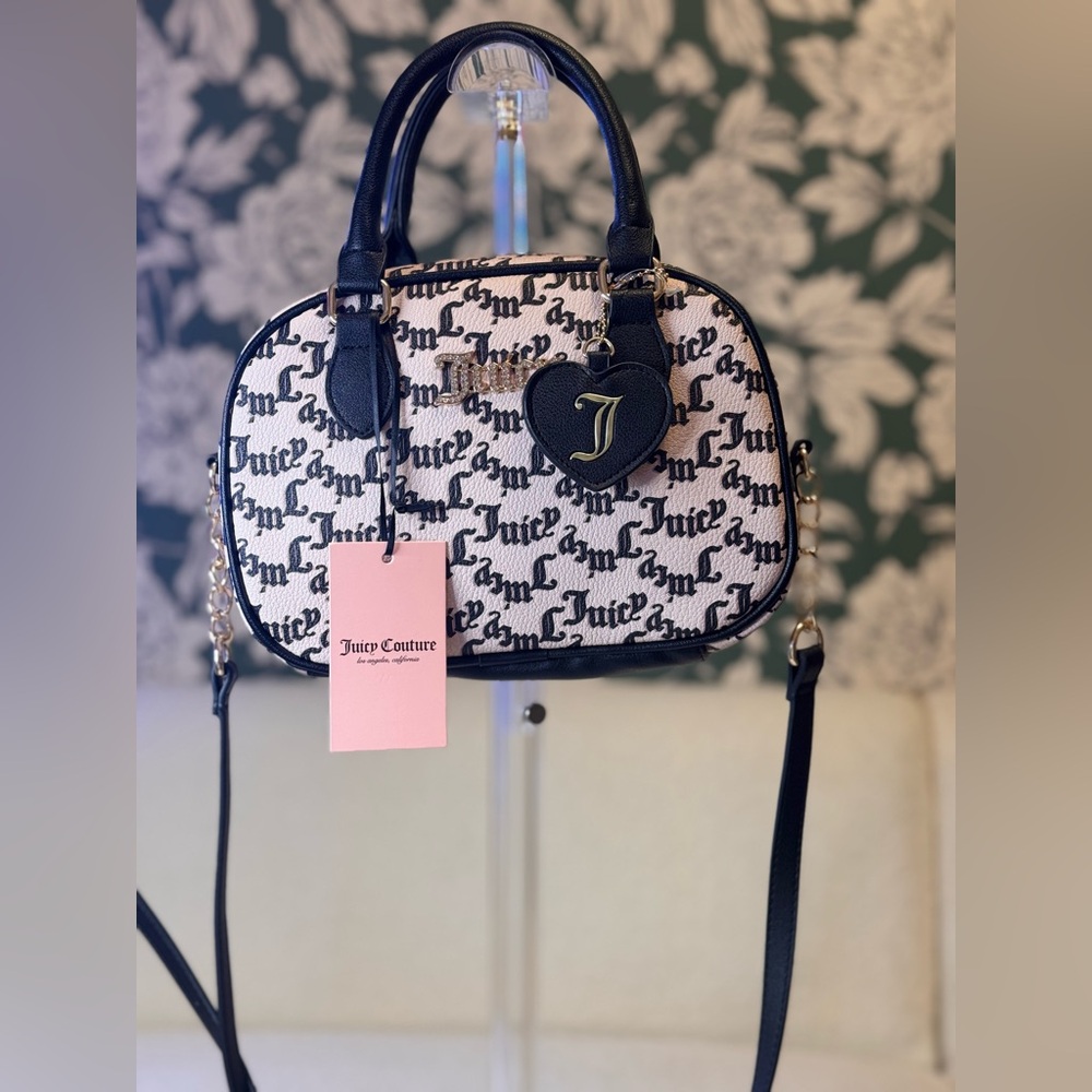 Juicy Couture Black & White Logo Heart Charm Crossbody Bag NWT